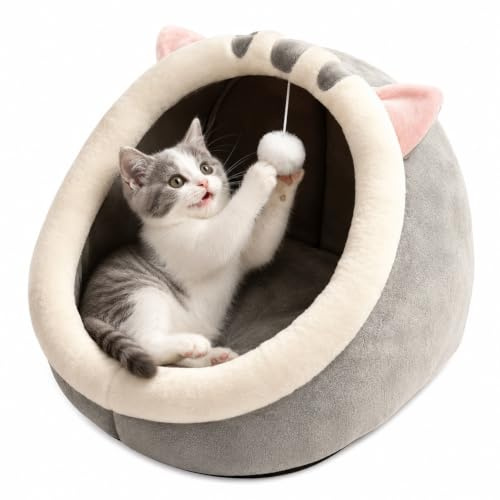 Cat Cave Bed for Indoor Cats, 40x38x34CM Soft Semi-enclosed Cat House with Hanging Fluffy Ball for Small Medium Dogs Cats, Cotton Kitten Bed with Removable Cushion Non-Slip Bottom, Grey