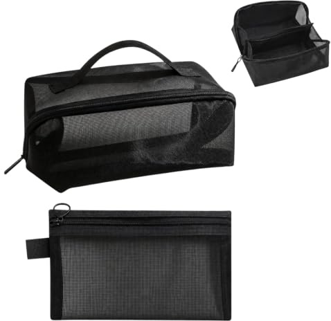 2-Piece Lay Flat Makeup Bag Set, Large Black | Travel Cosmetics and Mesh Toiletry Organizer for Suitcase