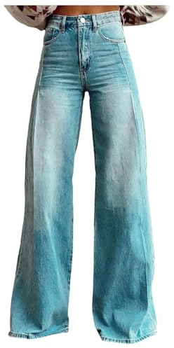 Generisch Jean à jambe large pour femme, tendance, taille haute, décontracté, style années 90, motif floral, bleu ciel, 4XL