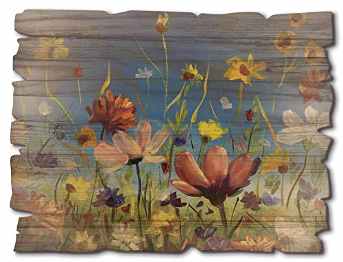 ARTland Wanddeko Bild aus Holz Holzbild vintage Deko 40x30 cm Blumenwiese Blumen Blüten Frühling Himmel Natur Landhausstil U1QU