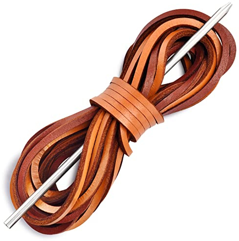 Leather Shoelace Boot Lace Boat Shoe Lacing Kit - 72 Inches Long 3.2mm (1/8) Wide - 1 Needle and 2 Strips, Tan, 72_ 2 Strips