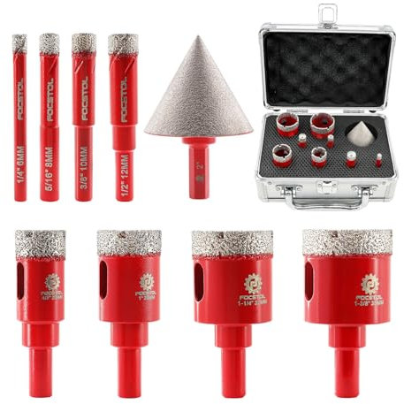 FOCSTOL Juego de Brocas Diamante - 9 piezas 6/8/10/12/20/25/32/35mm Fresa Diamante con Mango Redondo+50mm Brocas Chaflán Biselado con Mango Hexagonal para Porcelanico Cerámica Mármol Granito