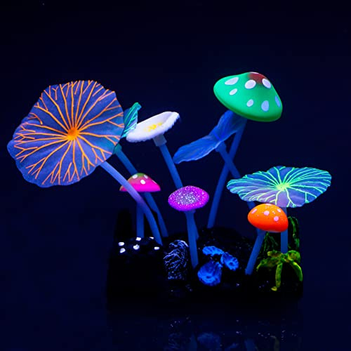 Pawfly Acquario Corallo Pianta Ornamento con effetto luminoso Fungo imitazione Foglia di loto Decorazione Accessorio Colorato Decorazione in silicone realistico per serbatoio di pesce Paesaggio