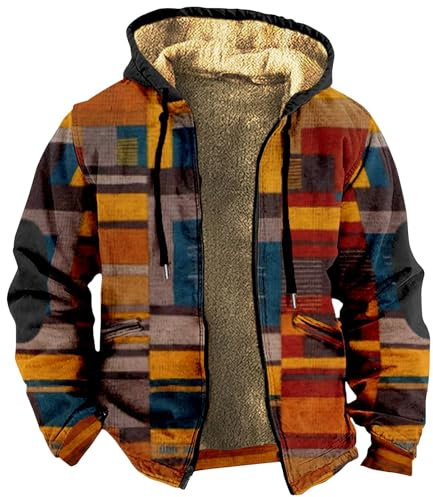 SOOUICKER Fleecejacke Herren Mit Kapuze, Gefüttert Zip Hoodie Mit Print, Kariert Vintage Sweatjacke, Fleece Hoodie Mit Reißverschluss