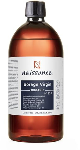 Naissanec Ekologisk Borage Fröolja (Stjärnblomma) (nr. 226) 900ml - Naturlig, Certifierad Organis - För Hud, Ansikte, Kropp, Hår, Massage