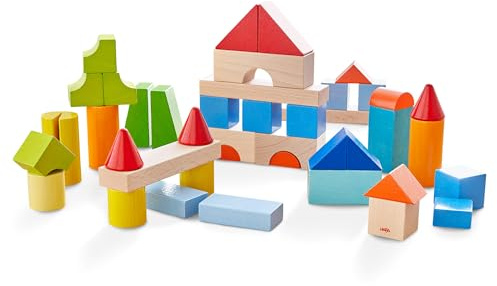 HABA Meine ersten Bausteine - 46 Bunte Holzbausteine mit Baumwolltasche - Made in Germany - Für Kinder ab 1 Jahr - Fördert die Feinmotorik - 2010877001