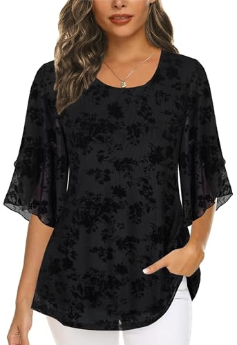 Timuspo Tunica da donna in chiffon casual con collo rotondo taglie grandi a mezza manica blusa top estiva vestibilità ampia, Fiori neri., L