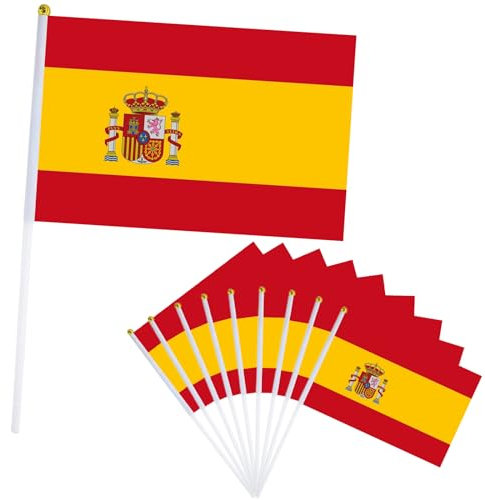 10 piezas Bandera de Mano España,Pequeña Personalizada Banderas con Mastil para Decoración Patio,Balcón,Jardin,Barra,para Juegos de Fútbol,Eventos Deportivos,Día Nacional,Fiesta de España