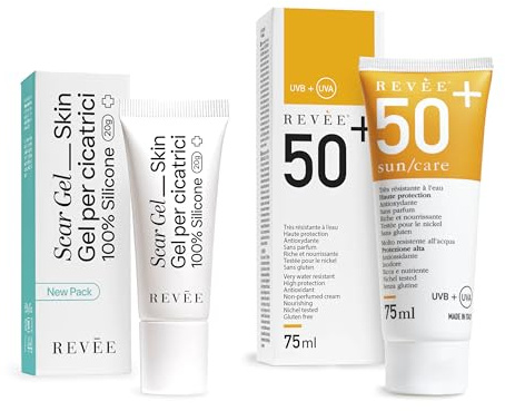 REVÉE Scar Gel Crema Cicatrici Chirurgiche 20gr - Revée Sun Care Crema Solare 50+ 75ml, Uso Combinato, Trattamento Completo Cura Cicatrici, Viso e Corpo, Nickel Tested, No Parabeni, Made in Italy