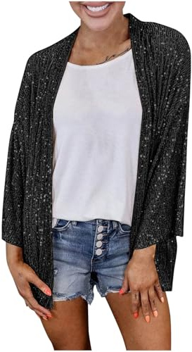 Mrat Sequin Jackets For Women Sparkle Lightweight Jacket Party Clubwear Glitter Shrug Sequin Cardigan Ladies 3/4 Sleeve Cardigans Loose Fit Shirts Shimmer Metallic Open Front Tops Festival Outfit