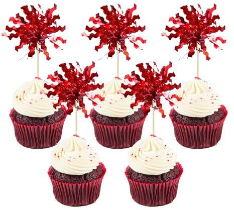 DIELOVEHUA 30 Stück Feuerwerk Cupcake Topper, Happy Birthday Cupcake Topper, Picks Tortenstecker Tortendeko, Rote Glitzer Kuchen Dekoration für Geburtstag, Brautparty, Valentinstag
