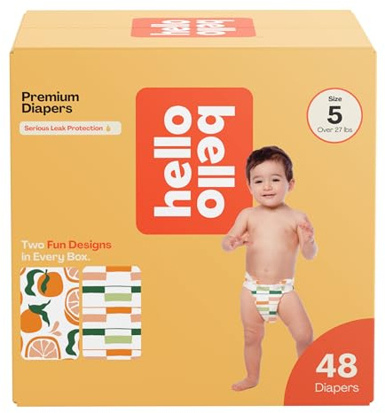 Hello Bello Premium Diapers (Main Squeeze & Zesties) Size 5, 48ct | Gentle for Sensitive Skin Offering Premium Comfort & Feel, Free From Parabens, Phthalates, Latex & Fragrances.