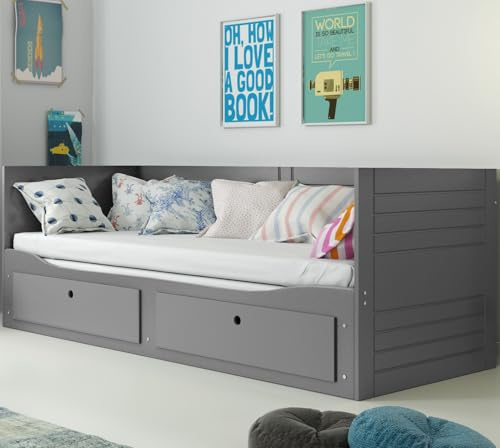 Interbeds Lit gigogne 80 x 160/200 cm -Gain de l'espace- 2 en 1 -avec sommier à Lattes, Lit Banquette 2 Places., sans Matelas (Gris)