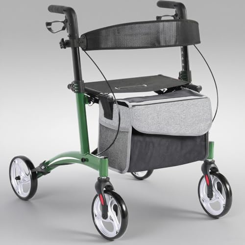 SogesPower Deambulatore a 4 ruote per adulti pieghevole e leggero — Rollator in alluminio con sedile, freni manuali e scatola per cavalletto, da riporre in un bagagliaio di auto, nessun montaggio