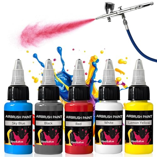 Peinture Aérographe,Peinture Maquette, Aérographe Peinture, Noir, Blanc, Rouge, Jaune et Bleu, Fin et lisse pour la Fabrication de Modèles/Toile/Papier/Bois/Pierre et Céramique, 5*20ml