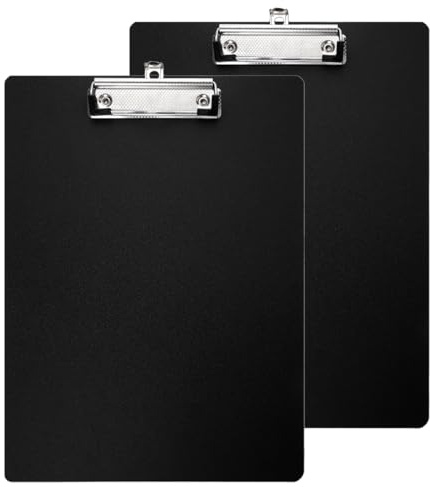 2 stycken klämbrädor A4 svart, Clipboard för upphängning, svarta klämbrädor med metallklämma och dold krok, A4-klämbräda med klämmor, skrivplattor, dokumenthållare, för kontor, skola