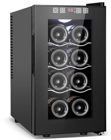 Tylza 8 Bottles Wine Fridge, Wine Cellar with Low-E Tempered Glass Door, LED Touchscreen, Frost Free, No Vibration, Wine Cooler Refrigerator for Red, White, Champagne or Sparkling Wine, Black