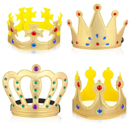 4 stycken barn kungskrona, kungskronor, festhatt, krona, födelsedag, prins, prinsessa, fest, krona, födelsedagskrona, gyllene med ädelstenar, kung, drottning, kung, krona, hattar för födelsedagsfest