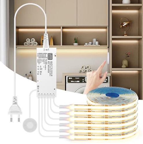 RNPKZ Bande LED COB 6 rouleaux 12 V COB bande LED blanc chaud avec poignée tactile et poignée interrupteur de variateur pour armoires à vin, étagères, armoires, éclairage de cuisine