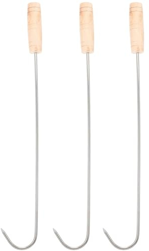 NUOBESTY 3 Ganci per Barbecue in Acciaio Inossidabile Manico in Legno Resistente al Calore, Ganci Singoli per Girarrosto e Capovolgimento Carne, Accessori per Cucina e Campeggio