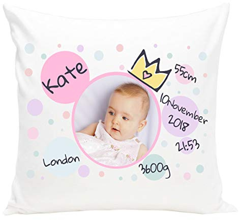 Ferocity Cuscino Personalizzabile Nascita del Tuo Bimbo con Data di Nascita con Nome Cuscino per bambin 40 x 40 cm Regalo per la Nascita Principessa [095]