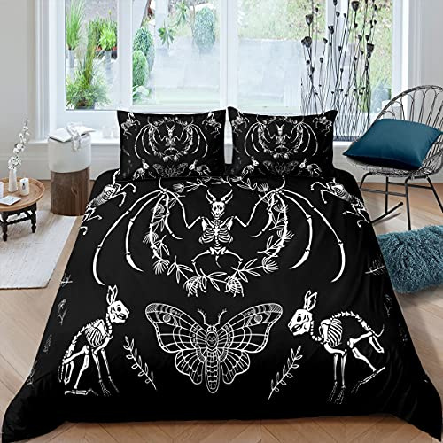 Housse de Couette tête de Mort,Chauve-Souris,Squelette et Lin,Style bohème,Gothique,tête de Mort,pour Enfants,Gar?ons,Filles,Adultes,d'halloween et Linge de lit Super Doux avec