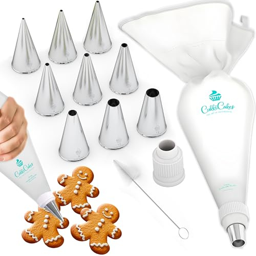 Cukkicakes Kit Pasticceria Professionale (12 Pezzi) per Disegnare, Scrivere e Decorare Su Cupcakes e Torte: Sac a Poche Riutilizzabile + 9 Beccucci Rotondi - Set di Bocchette Made in Korea & Japan