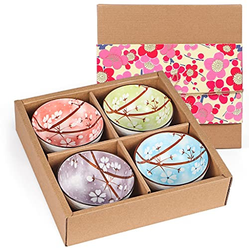 Skelang Ceramic Serving Bowls, Rice Bowl with Gift Box, Japanese Style Pottery Bowls, Porcelain Serving Bowls for Rice, Soup, Dessert, 10oz/300ml, Set of 4 (Cherry Blossom Pattern)