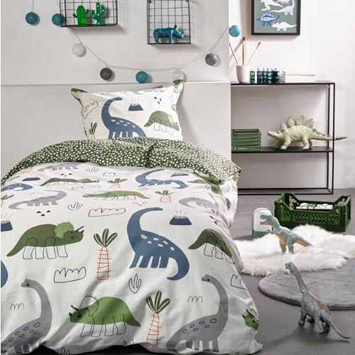 Familando - Bettwäsche-Set Dino (2-teilig) - 135x200cm Deckenbezug & 80x80cm Kissenbezug - für Jungen & Mädchen - Oeko-TEX-Zertifiziert & 100% Baumwolle - Renforcé Qualität mit Reißverschlüssen