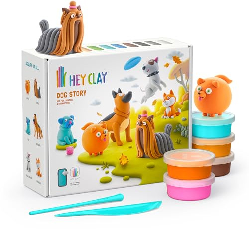 Hey Clay Dog Story 15 Dosen – Bunte lufttrocknende Modelliermasse für Kinder – Air Dry Clay Kit 15 Dosen mit lustiger interaktiver App