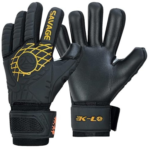K-LO Goalkeeper Gloves: Savage Blackout Soccer Goalie Glove - Black/Yellow/Orange - Size 5 (Unisex, Youth & Adult Sizes) - Finger Spine Protection with Super Sticky Grip Palm