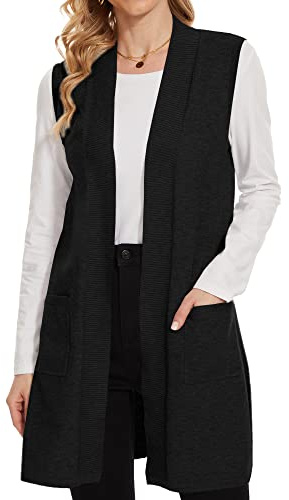 Breezy Lane Gilet da donna senza maniche con costa a rilievo, aperto sul davanti, lungo, stile Duster, con tasche, in maglia, Nero , XXL