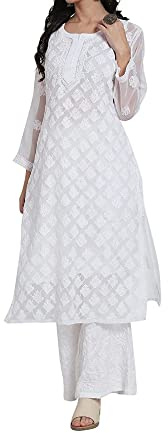 Women Georgette Kurta with Lining, Chikankari Embroidered Dress, Indian Top for Ladies (UK, Alpha, L, Regular, Regular, White)