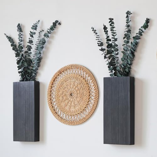 Wlicon 2 Pack Holz Wand Pflanzer Vase künstliche Grünpflanzen Indoor-Pflanzen Halter Holz Wanddekoration fürWohnzimmer Schlafzimmer Küche Home Office Dekoration, Modernes Bauernhaus Wandvasen(Schwarz)