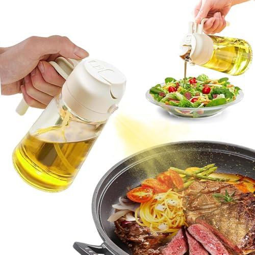 SWEET VIEW 2 in 1 Ölsprüher zum Kochen, 470ml Glasölflaschen/Olivenöl Sprühflasche für Salat, Grillen und Heißluftfritteuse (Weiß)