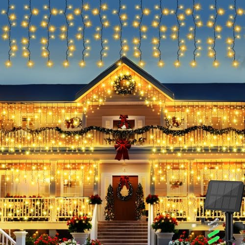 Gcstnn Solar Icicle Fairy Lights Outdoor, 4Mx1M 200 LEDs Solar Fence Curtain String Lights Green Wire, 8 Modes IP65 Waterproof for Garden Patio Gazebo Fence Window Christmas Decoration-Warm White