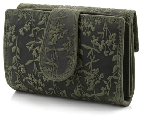 ekavale Frauen-Portemonnaie mit Blütenmuster, Leder Geldbörse für Damen mittelgroß, Riegelverschluss, RFID-Schutz (Grün)