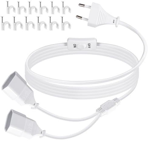 Verlängerungskabel Flachstecker 2M mit Schalter, Doppelstecker Eurostecker Verlängerung Dünn Flachkabel Netzkabel Stromkabel Flach Typ C Euro Buchse Verteiler, 2,5A/250V für TV mit EU Stecker, Weiß