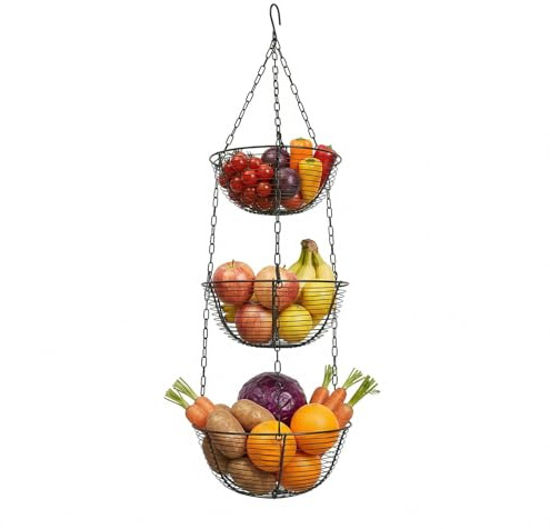 CHERIPOLI 3 Etagen Obstkorb zum Aufhängen mit Deckenhaken, Küche Gemüsekorb Hängend Obstschale, Hängender Aufbewahrungskorb, Hängekorb Obstkorb, zur Aufbewahrung