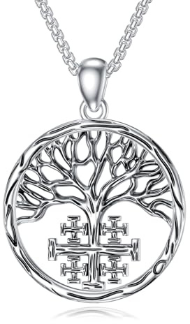 PROESS Livets träd kedja 925 sterlingsilver Jerusalem kors halsband viking livets träd hänge religiösa smycken jul Thanksgiving presenter för män kvinnor, Sterlingsilver