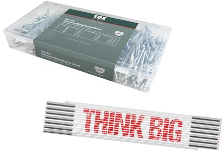 Set TOX con assortimento di rivetti ciechi (400 pezzi) + metro pieghevole THINK BIG da 3 m in 6 misure e scatola di trasporto + metro, per lamiere di alluminio e acciaio, 094909156