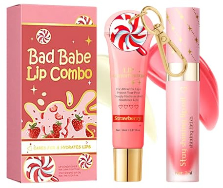 Lip Conditioner & Lip Oil Set, Clear Lip Balm & Pink Lip Oil, Strawberry Scented Lip Care Set, Hydrating Lip Treatment For Dry Lips, Nourishing Lip Balm Gift Set For Girls