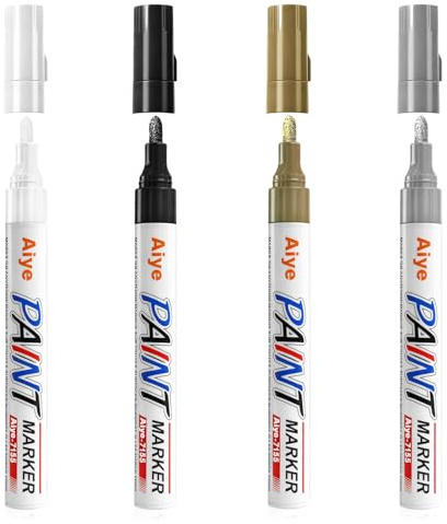 AMFUN 4er Trocknen Schnell Lackstift, Permanent Marker Wasserfest Stift, Feine Rundspitze 2mm, für Karton, Kunststoff, Holz, Metall, Tassen, Glas(Gold+Silber+Schwarz+Weiß)