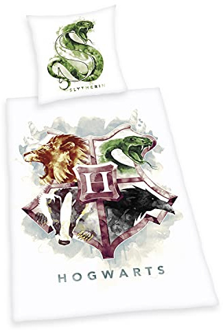 Klaus Herding GmbH Harry Potter Bettwäsche-Set, Kopfkissenbezug 80 x 80 cm, Bettbezug 135 x 200 cm, mit leichtläufigem Reißverschluss, Baumwolle/Renforcé, Mehrfarbig, 80 x 80 cm, 135 x 200 cm