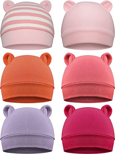 6 Pieces Newborn Baby Hat Bear Ears Infant Caps Baby Boy Girl Toddler Hats Infant Beanie Caps for 0-3 Months (Pink White, Light Pink, Dark Pink, Orange, Rose Red, Purple,Classic)