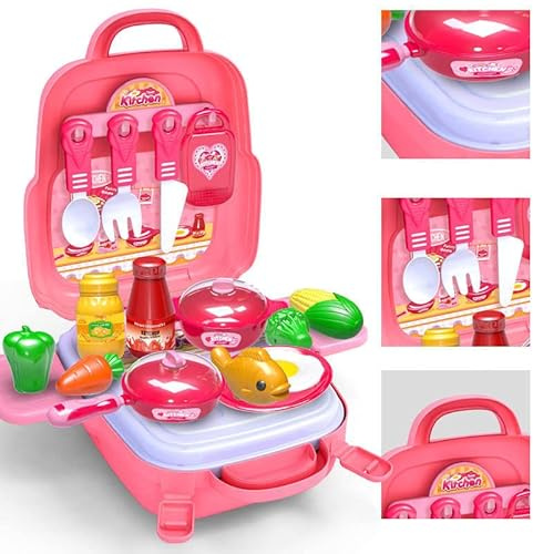 TLHWIN Juego de utensilios de cocina falsos de plástico juego mochila portátil para niños falsos juguete de corte alimentos frutas verduras accesorios de cocina Playset para niños niñas regalo