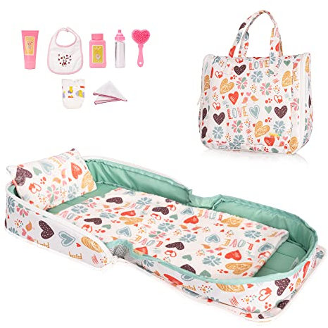 HappyVk - Baby Doll Bed - Portable Bassinet for Dolls up to 53 cm - Handbag for Girl - The Set includes Blanket, Pillow, and 7 Doll Accessories - Love Design