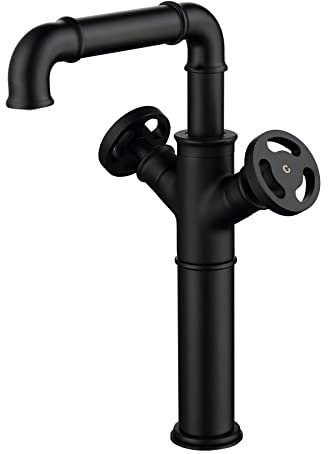 Rubinetto Bagno Lavabo Ottone Steampunk Tubo industriale Stile Rubinetto per Miscelatore Lavabo Alto e Lavandino Bagno, Doppio comando Fredda e Calda Regolabile Rubinetto Nero opaco, Ruotabile a 360°