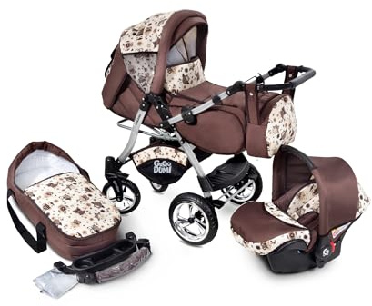 GaGaDumi Urbano Set completo passeggino 3 in 1 con seggiolino auto - Passeggino 3 in 1 TÜV - Set completo passeggino combinato 3 in 1 pneumatici in gomma - gufi marroni