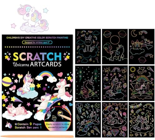 CEJAS 1 Stück Kratzbilder für Kinder 19 × 14 cm Magische Regenbogen Kratzpapier Kratzbuch Magic Scratch Book Kratzpapier Set mit Buntem Farbverlauf und Kratzstift, Einhorn-Thema